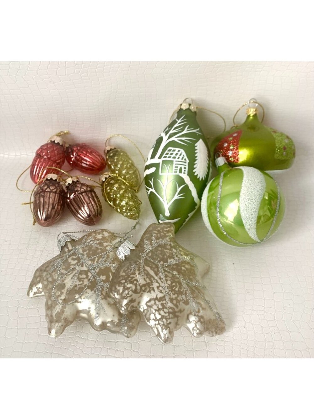 11 Vintage Glass Christmas Ornaments With Acorns Pinecones Leaf Designs & Green